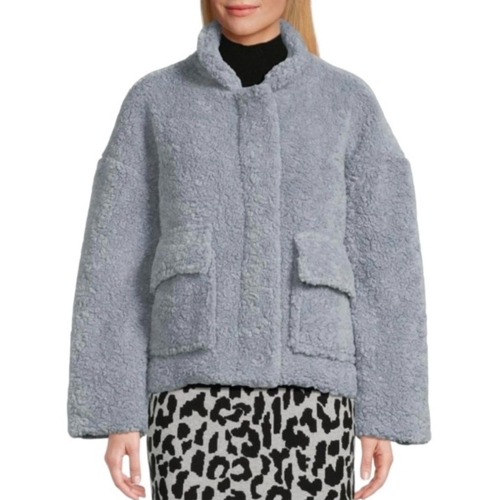 New NWT SAKS FIFTH AVENUE Women's Faux Shearling Teddy Jacket Blue Boxy